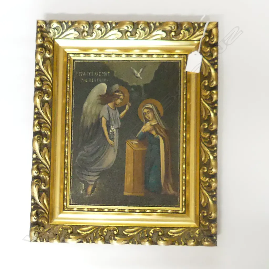 GILT FRAMED ICONIC PAINTING MARY & ANGEL ON WOOD PANEL H380MM W315MM Image 1++