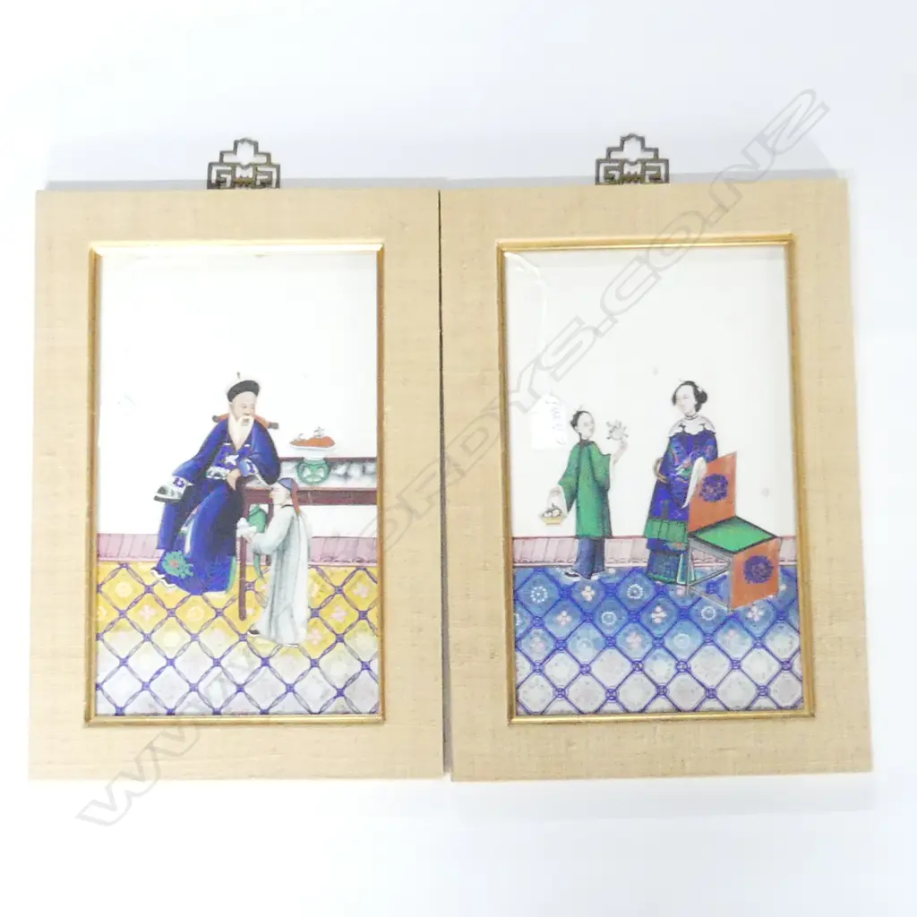 2 CHINESE HANDPAINTED GLASS PANELS. ONE OF ELDERLY GENT WITH SERVANT, OTHER DOMESTIC SCENE. BOTH 315X215mm . SOME FOXING Image 1++