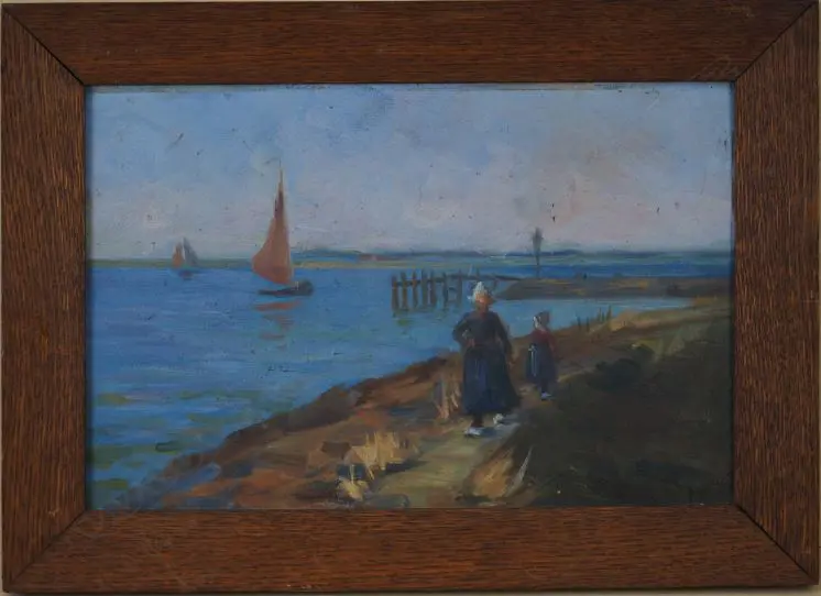 MAY LINGARD (NZ 19thC), LADY & CHILD ON HARBOUR PATH, OIL ON BOARD, SIGNED, 360mm x 500mm Image 1++