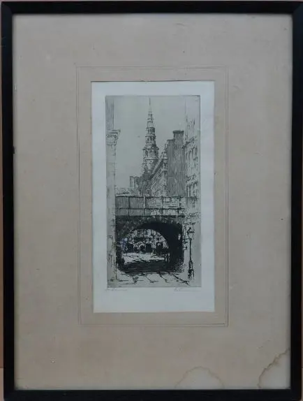 PETER GRAHAM, R.A. (UK 1836-1921), ST BRIDE'S CHURCH SPIRE LONDON, ETCHING, SIGNED, 200mm x 100mm Image 1++