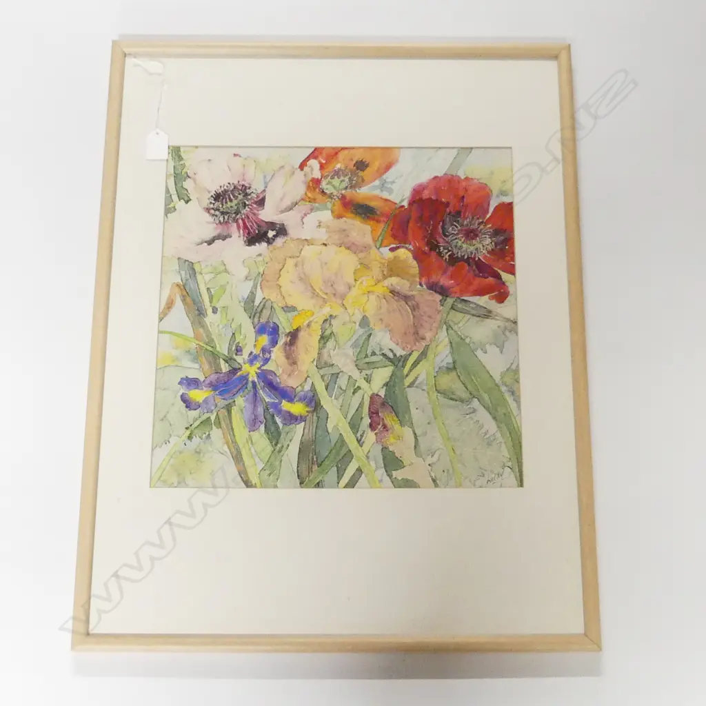 SIGNED W/C IRIS & POPPY FLOWERS 390x390mm Image 1++