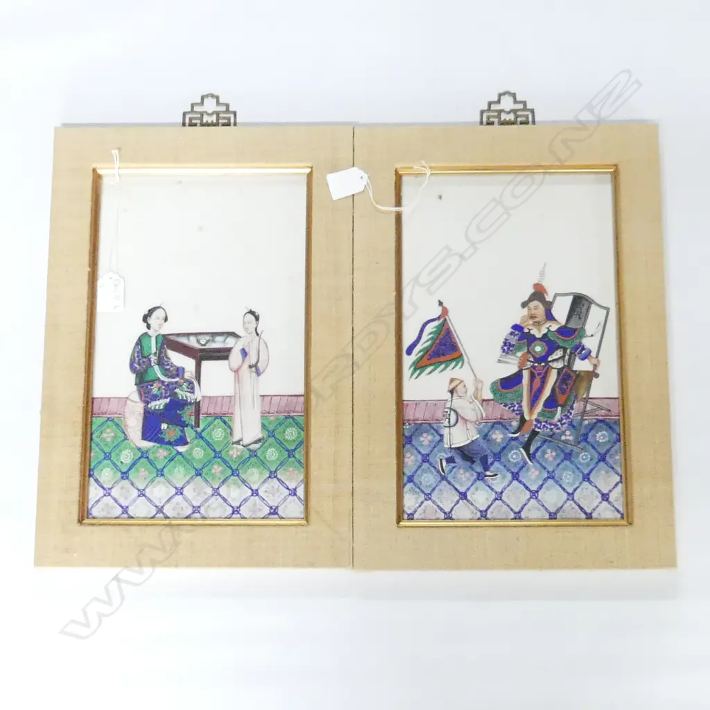 2 CHINESE GLASS HANDPAINTED PANELS. ONE  AN EMPEROR & SERVANT OTHER A DOMESTIC SCENE. BOTH 315X195mm . NB SOME FOXING . Image 1++