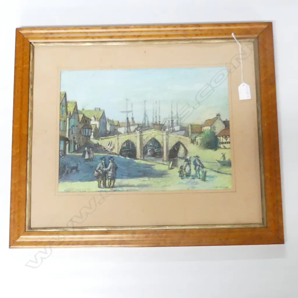GOUACHE PAINTING COATAL TOWN W BOATS SIGNED 270x360mm birdseye maple frame Image 1++