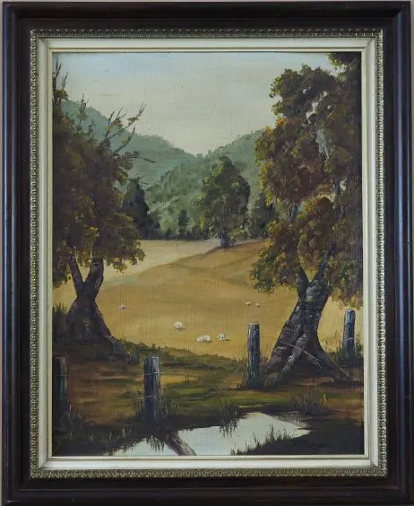 PAM MORGAN (NZ) FEATHERSTON FARMLAND, OIL ON BOARD, SIGNED, 550mm x 450mm Image 1++