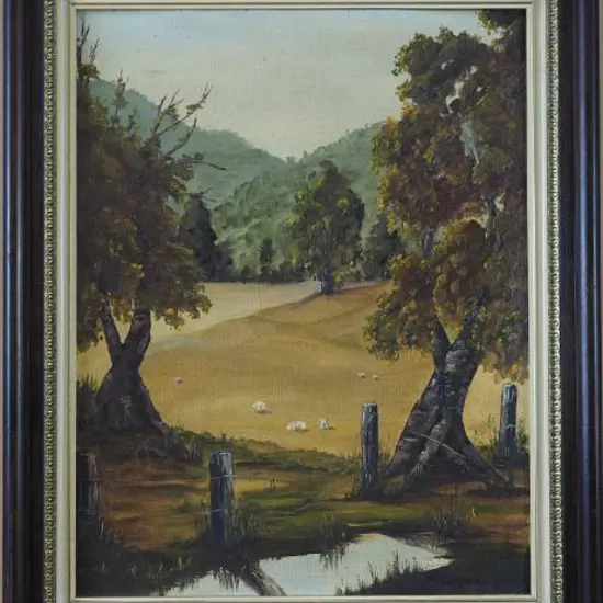 PAM MORGAN (NZ) FEATHERSTON FARMLAND, OIL ON BOARD, SIGNED, 550mm x 450mm