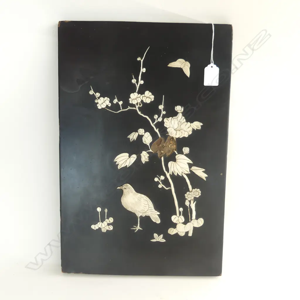 JAPANESE BLACK LACQUER WOOD PANEL ARTWORK  BONE carved decoration birds flowers 450 x 300mm FAULTED PCE MISSING TO CENTR Image 1++