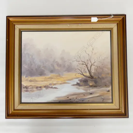 FRAMED OIL FOGGY DAY NGAPUKE BY FRANK EDEN H570 L680MM