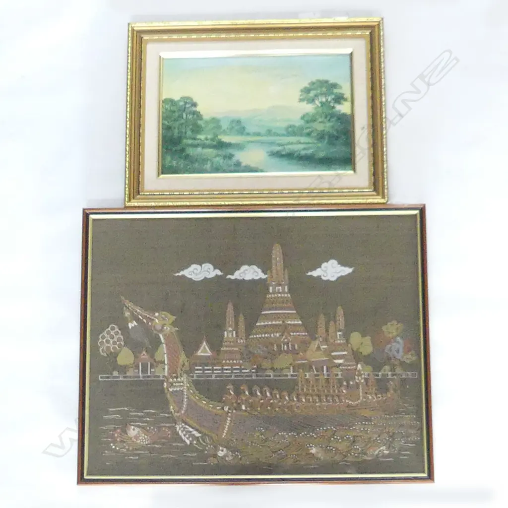 DRAGON PAINTING ON CLOTH  (485 X 385MM) + OIL ON BOARD SCENE, SIGNED (290 X 190MM) Image 1++