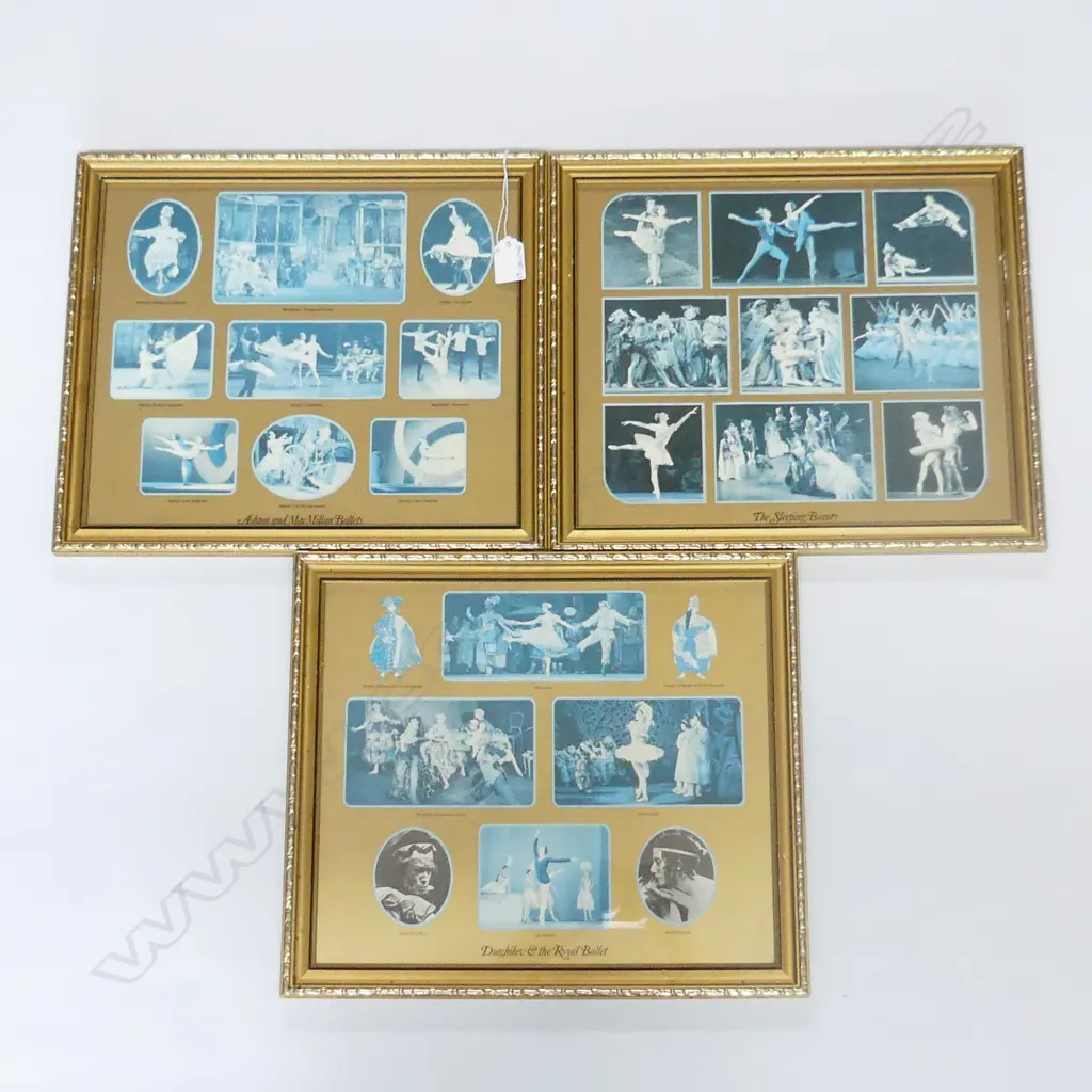 3 RETRO FRAMED BLUE & WHITE BALLET PRINTS; SLEEPING BEAUTY ETC.. EACH FRAME HAS 9 PRINTS  Image 1++