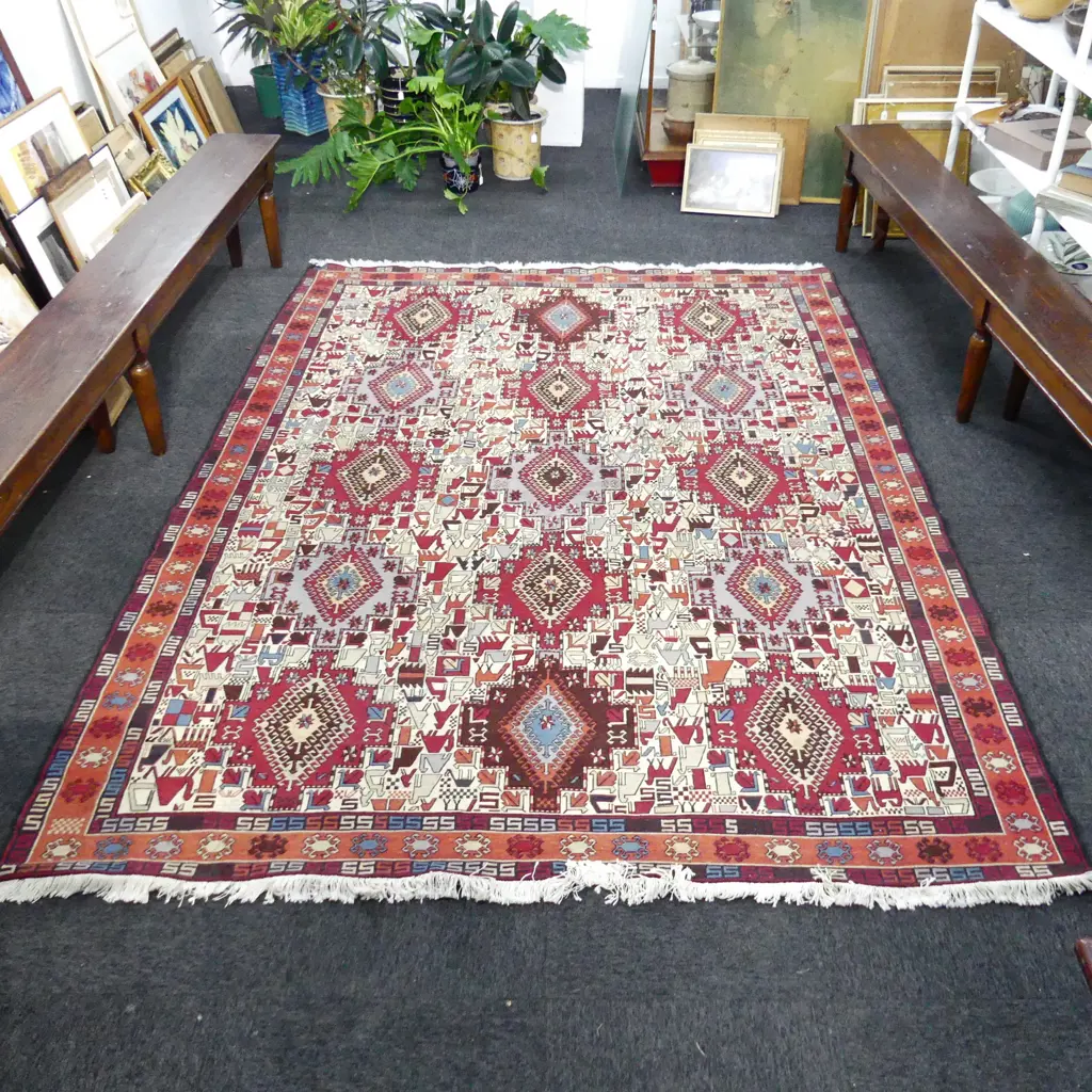 LGE KELIM HAND WOVEN RUG multiple animals & geometric forms 2900 x 2100mm. Signed Elham Image 1++