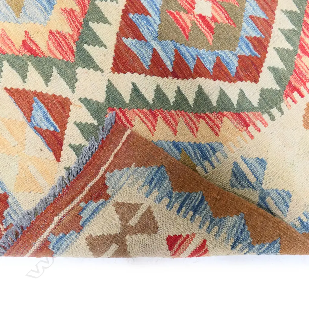 HANDWOVEN KILIM RUG, GEOMETRIC PATTERNS, IN ORANGE, GREEN & BLUE TONES, 2000 x 1010mm Image 1++
