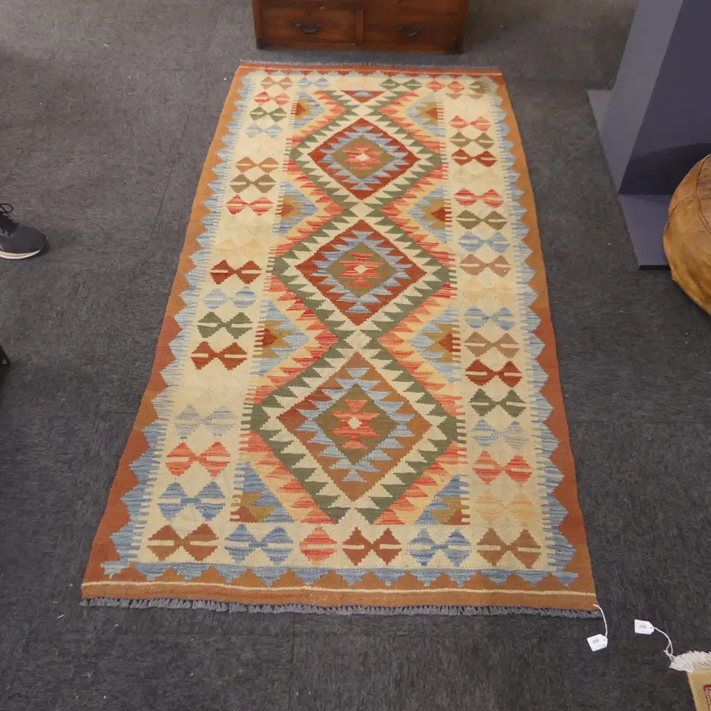 HANDWOVEN KILIM RUG, GEOMETRIC PATTERNS, IN ORANGE, GREEN & BLUE TONES, 2000 x 1010mm Image 1++