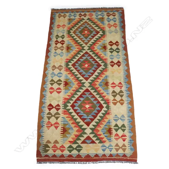 HANDWOVEN KILIM RUG, GEOMETRIC PATTERNS, IN ORANGE, GREEN & BLUE TONES, 2000 x 1010mm