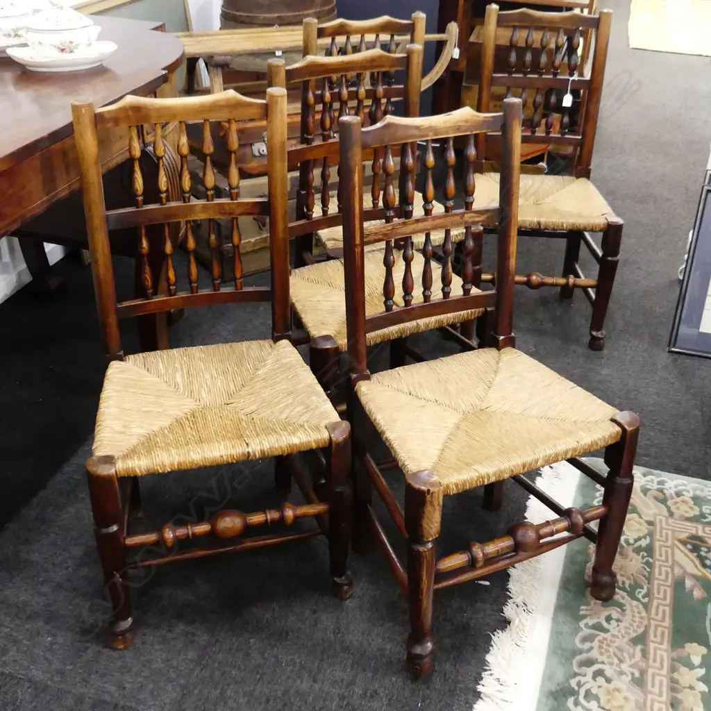 5 ANTIQUE OAK SPINDLE BACK CHAIRS w. RUSHED SEATED Image 1++