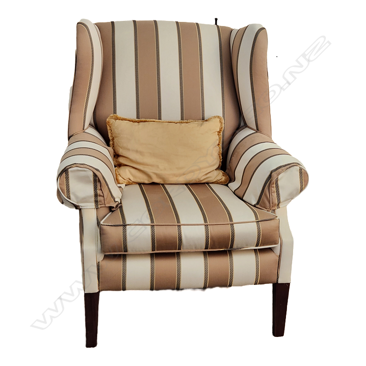 PR UPHOLSTERED WING BACK CHAIRS -  CREAM & WHITE STRIPE  Image 1++