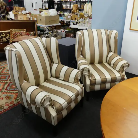 PR UPHOLSTERED WING BACK CHAIRS -  CREAM & WHITE STRIPE 