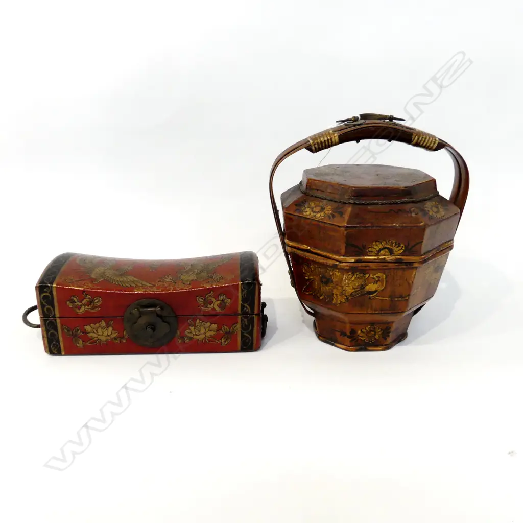 2 ORIENTAL LIDDED CONTAINERS; BASKET & HEAD REST BOX L.220mm Image 1++