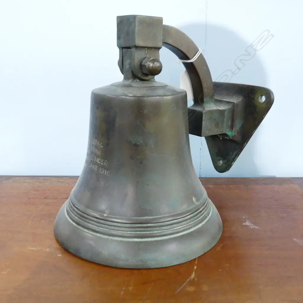 BRONZE SHIPS BELL - 'METAL FROM H.M.S. TIGER JUTLAND 1916' H.220mm Image 1++