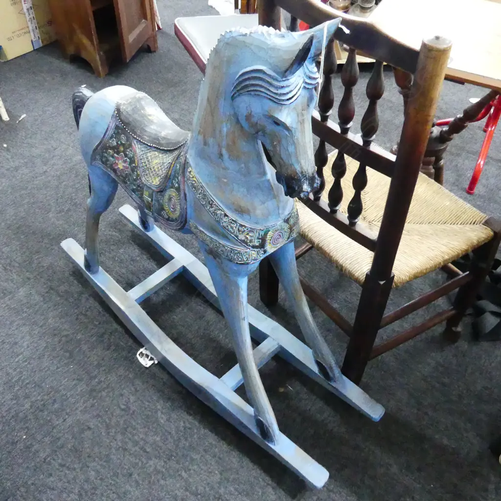 CARVED WOODEN BLUE PAINTED ROCKING HORSE H.965mm Image 1++