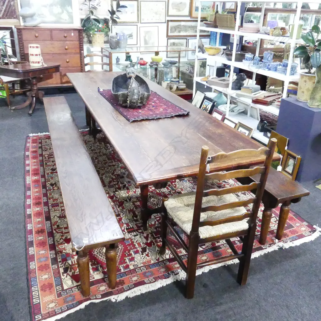 LONG OAK PLANK TOP TABLE w. 2 LONG BENCHES Image 1++