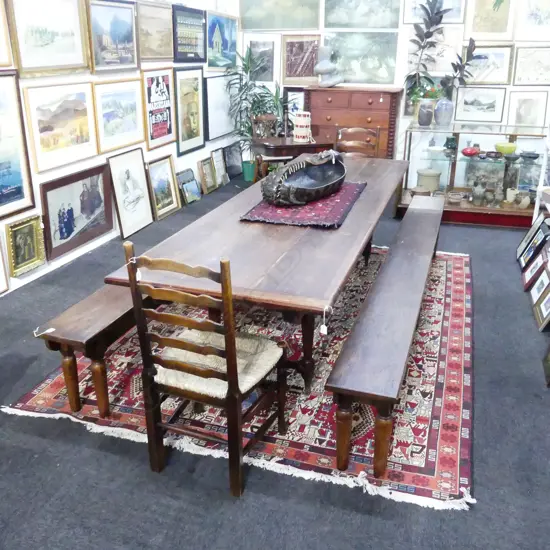 LONG OAK PLANK TOP TABLE w. 2 LONG BENCHES