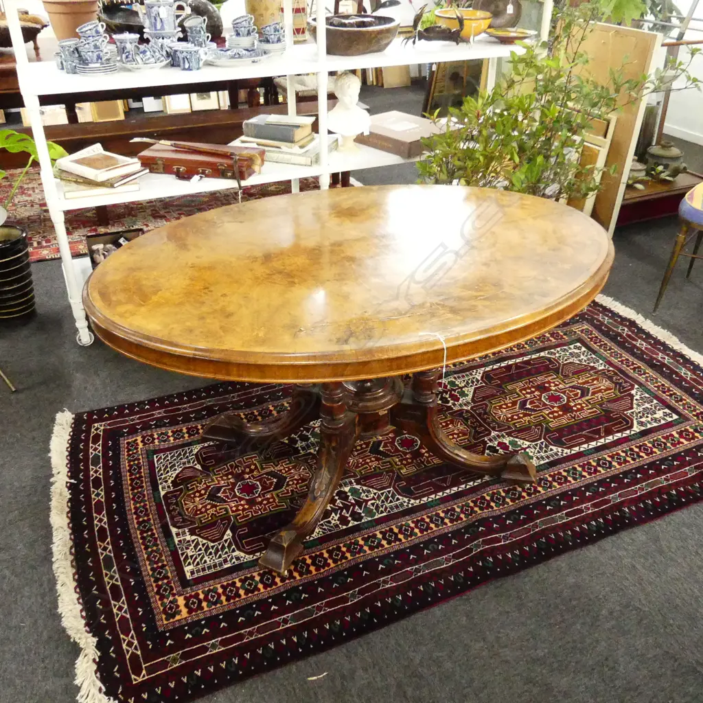VICTORIAN OVAL TILT TOP TABLE; BURR INLAID TOP Image 1++