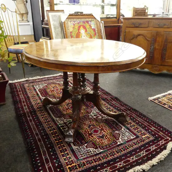 VICTORIAN OVAL TILT TOP TABLE; BURR INLAID TOP