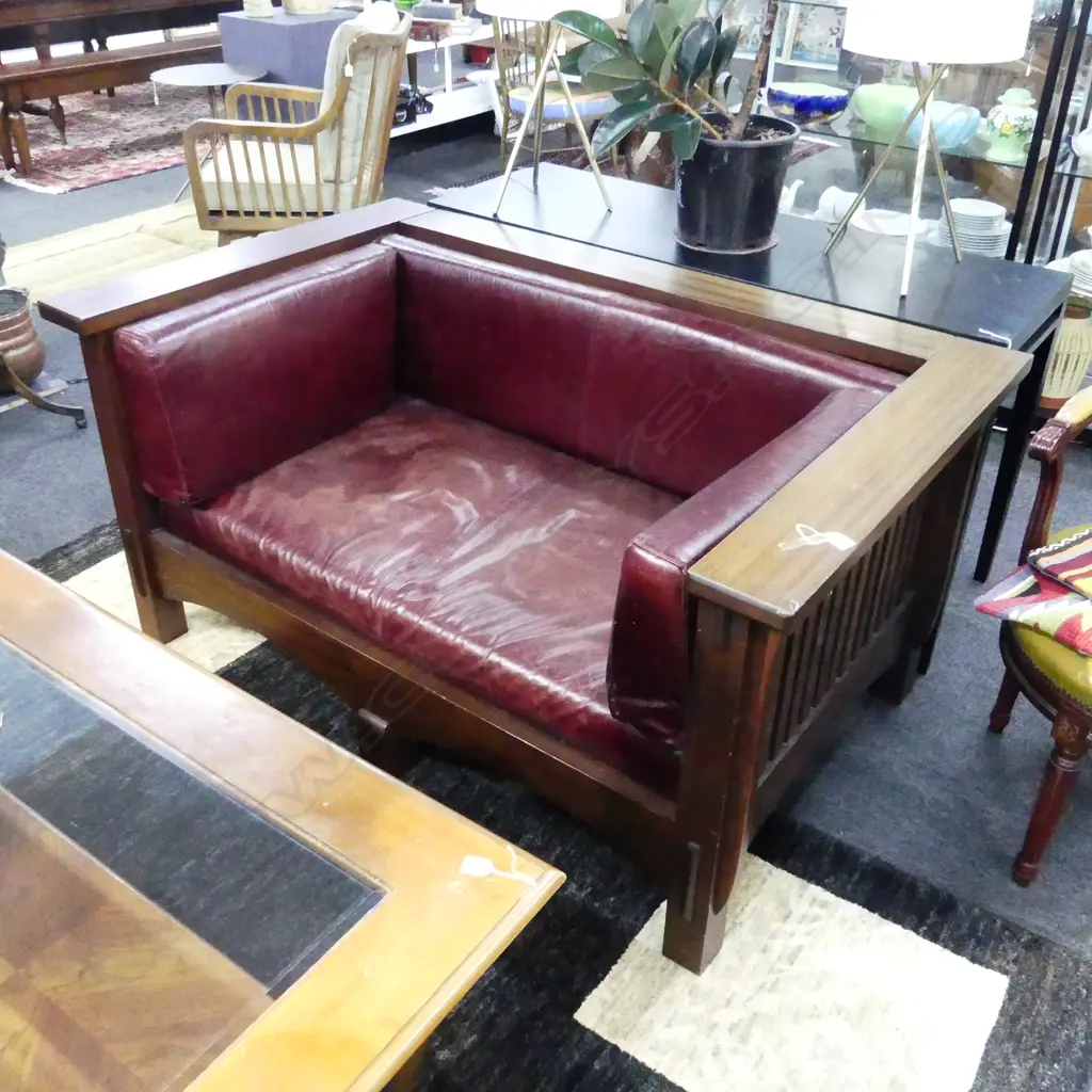 2 SEATER ARTS & CRAFTS / MISSION STYLE SOFA - RED LEATHER UPHOLSTERY 1505x930x740mm Image 1++