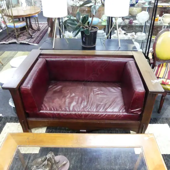 2 SEATER ARTS & CRAFTS / MISSION STYLE SOFA - RED LEATHER UPHOLSTERY 1505x930x740mm