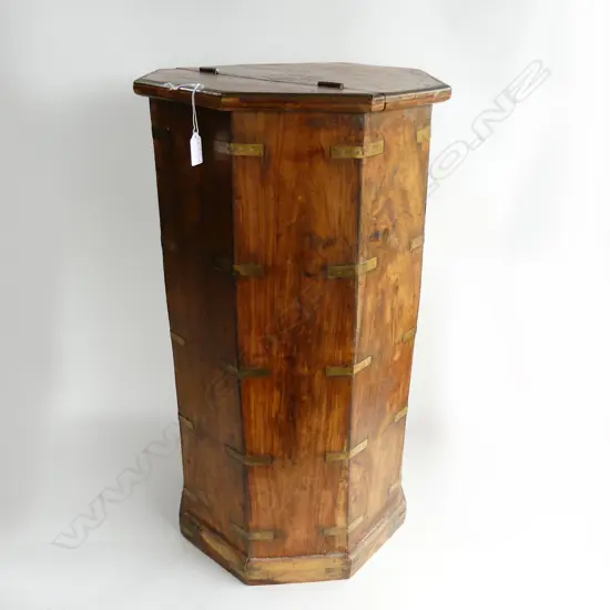 TALL OCTAGONAL SHAPED ' PILLAR ' TYPE CABINET. MIDDLE EASTERN WITH BRASS DETAIL A LIDDED TOP & CUPBOARD BELOW. H. 750mm