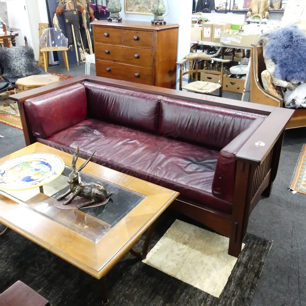 3 SEATER ARTS & CRAFTS / MISSION STYLE SOFA - RED LEATHER UPHOLSTERY 2120x930x740mm Image 1++
