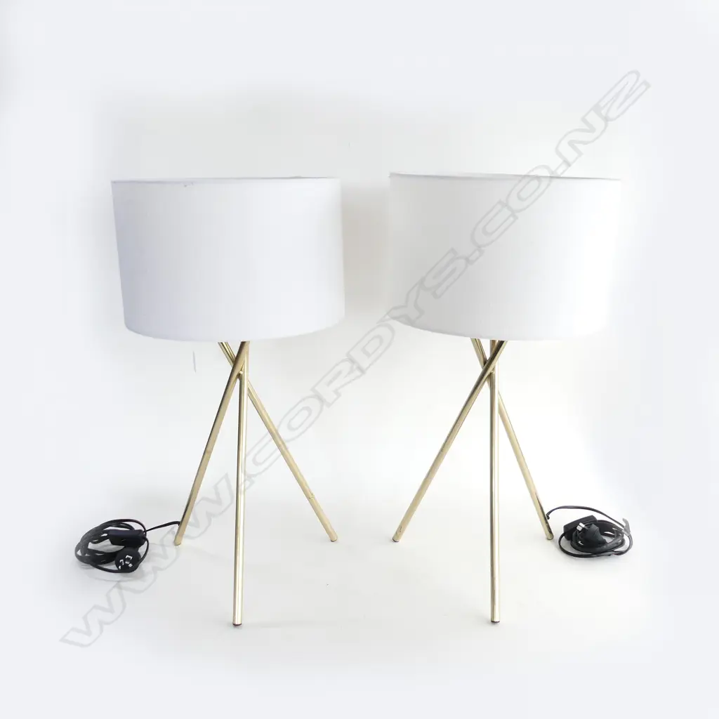 PR CONTEMPORARY LAMPS; GOLD METAL TRIPOD BASE w. WHITE DRUM SHADES H.610mm Image 1++