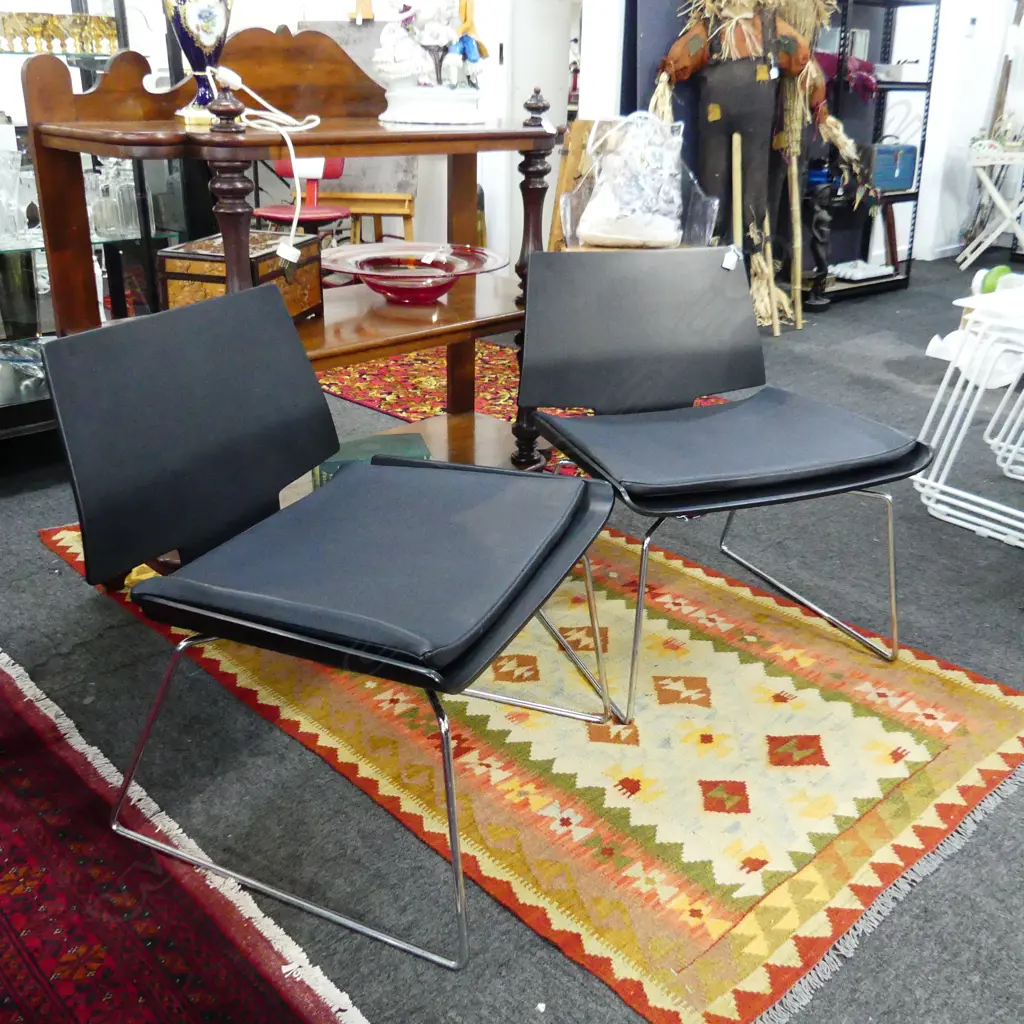 PR MODERN DESIGNER ARM CHAIRS - BLACK PLY w. BLACK LEATHER CUSHION W.635mm Image 1++