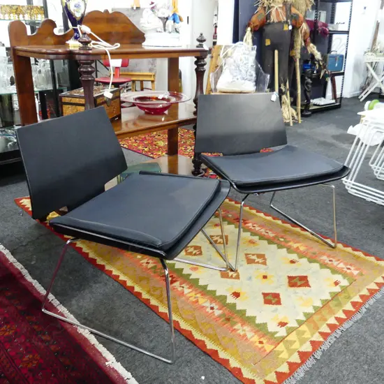 PR MODERN DESIGNER ARM CHAIRS - BLACK PLY w. BLACK LEATHER CUSHION W.635mm