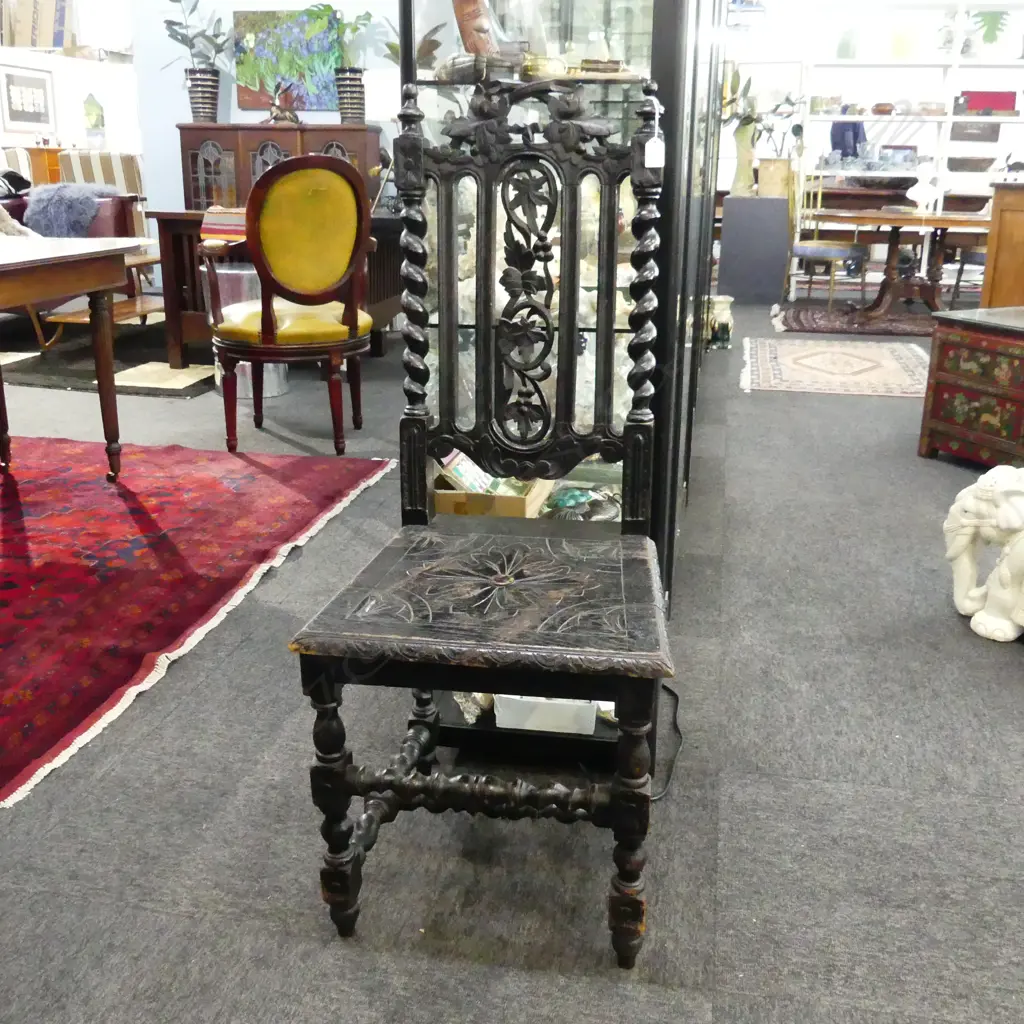 ANTIQUE BLACK PAINTED BARLEY TWIST CARVED CHAIR Image 1++