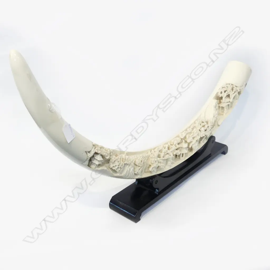 RESIN CARVED ELEPHANT TUSK ON STAND W.850mm Image 1++