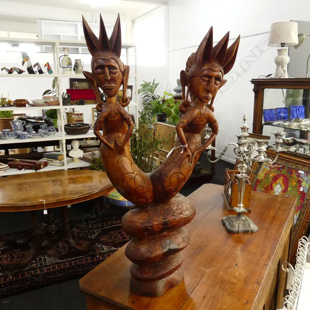 ORIENTAL CARVED WOODEN STATUE; 2 HUMAN HEADED DRAGON H.880mm Image 1++
