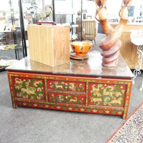 ORIENTAL RED LACQUER COFFEE TABLE w. 12 DRAWERS & GLASS TOP 1320x870x500mm