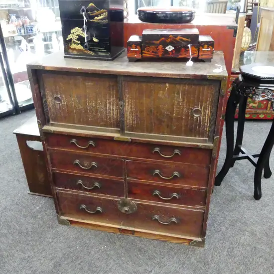 JAPANESE LATE EDO C1850 HEAVY KEYAKI TANSU CABINET H.891mm pr sliding doors above 6 drawers