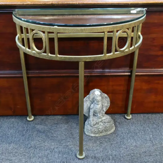 BRONZED METAL GLASS TOPPED DEMI LUNE TABLE 680x340x700mm
