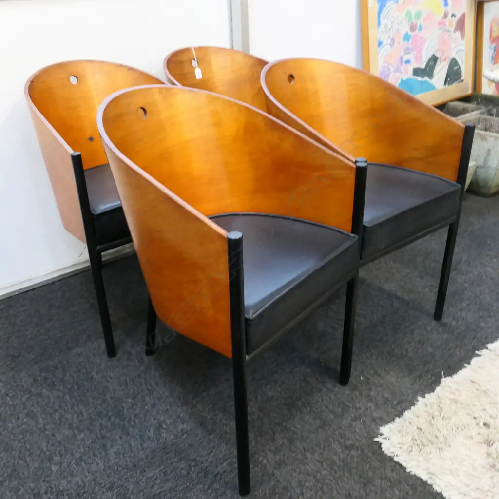 4 DESIGNER BENT PLY & BLACK LEATHER TUB CHAIRS Image 1++