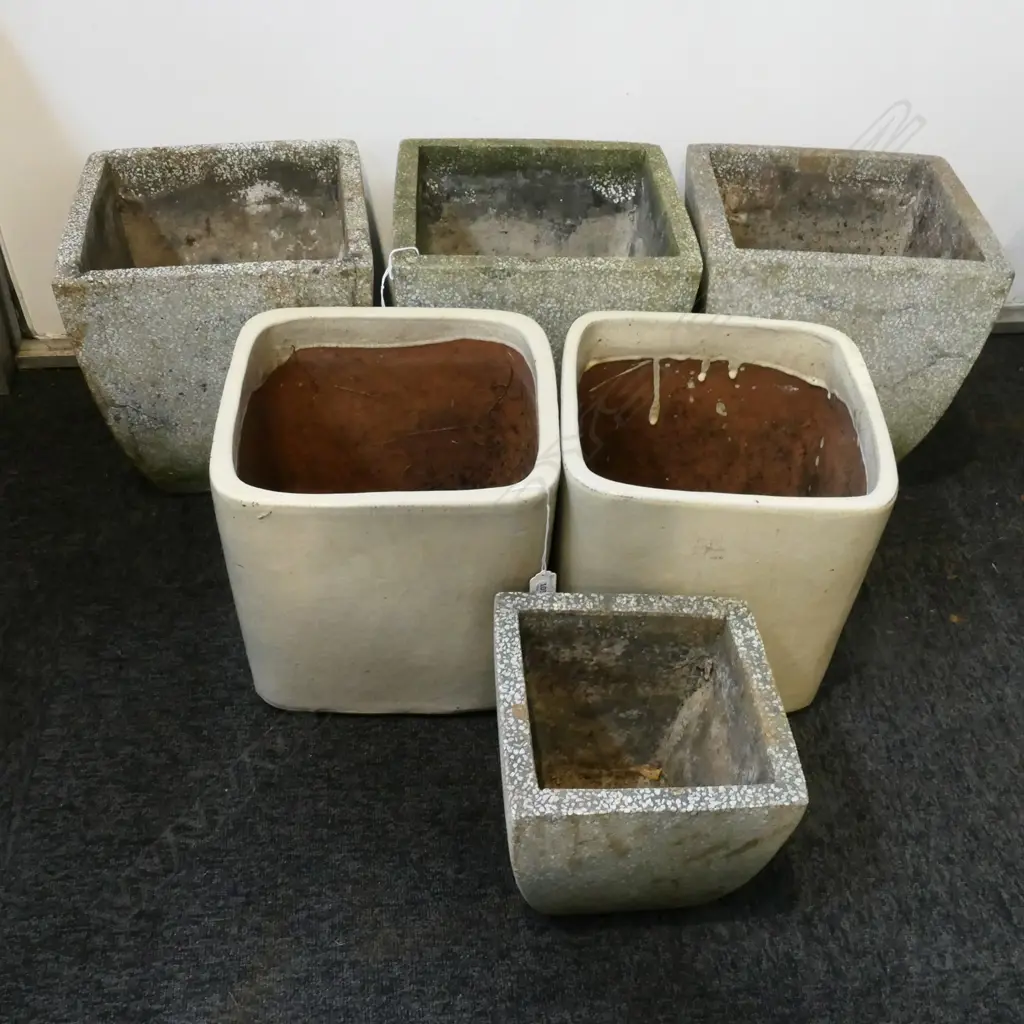 6 ASST. SQUARE GARDEN POTS; PR CREAM GLAZED TERRACOTTA H.285mm, 4 COMPOSITE CONCRETE Image 1++