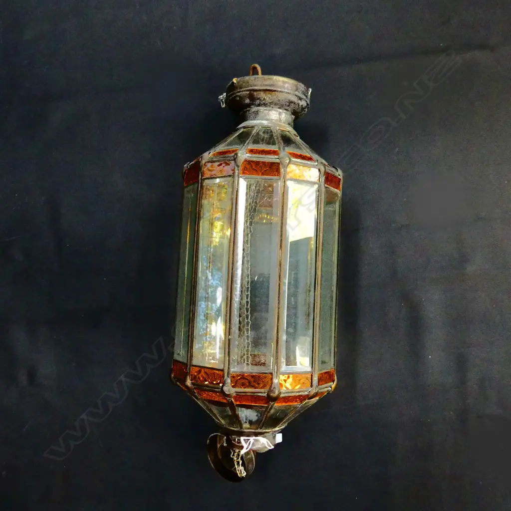 VINTAGE LEADLIGHT LIGHT FITTING WITH DECORATIVE AMBER GLASS TRIM H. 550MM Image 1++