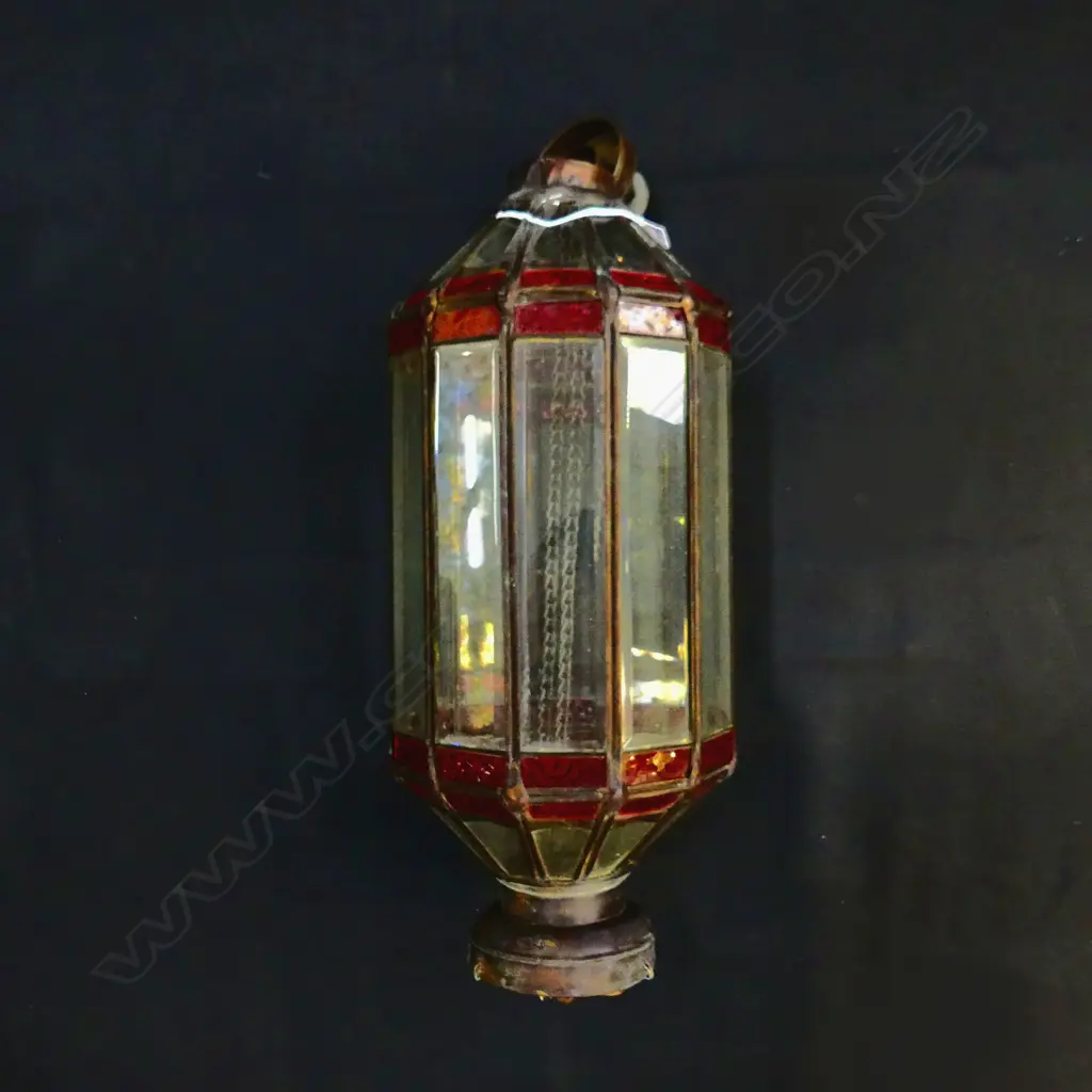 VINTAGE LEADLIGHT LIGHT FITTING WITH DECORATIVE RED GLASS TRIM H. 550MM Image 1++