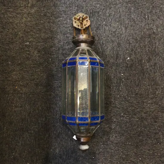 VINTAGE LEADLIGHT LIGHT FITTING WITH DECORATIVE BLUE GLASS TRIM H. 550MM