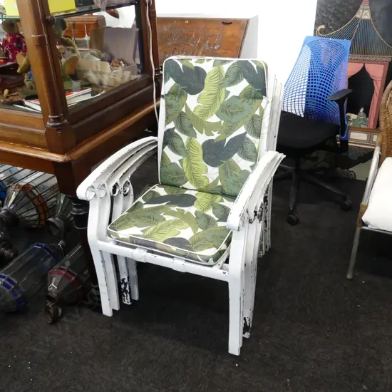 4 WHITE PAINTED METAL OUTDOOR CHAIRS w. PALM LEAF DESIGN CUSHIONS