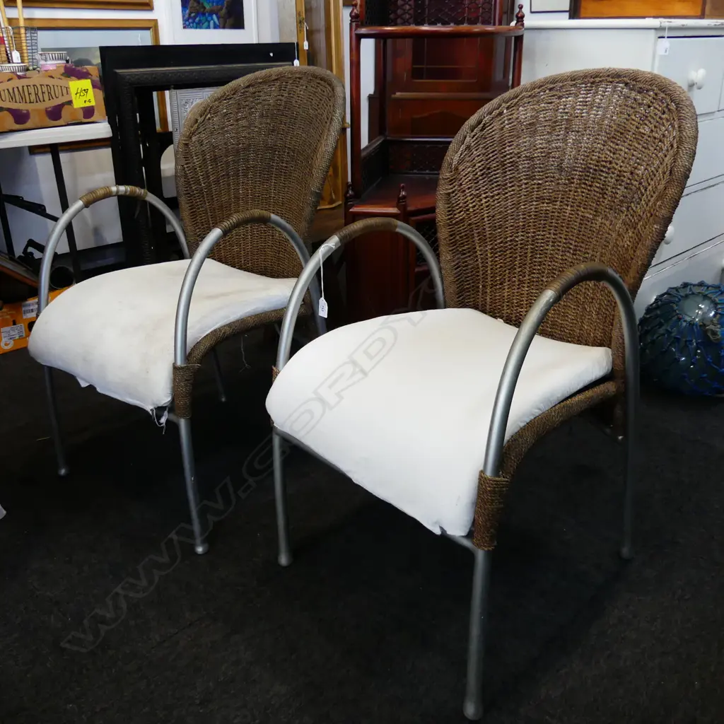 PAIR OF WICKER AND METAL CONSERVATORY CHAIRS SOME WEAR TO ONE ARM AND SEATS NEED CLEANING Image 1++