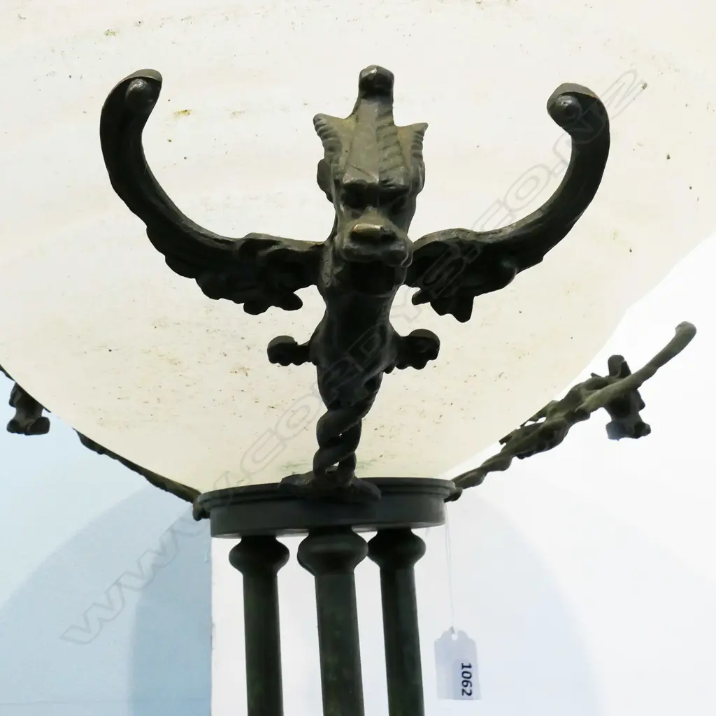 WROUGHT IRON MYTHICAL BEAST STANDARD LAMP, WITH GLASS SHADE, H.1760mm Image 1++