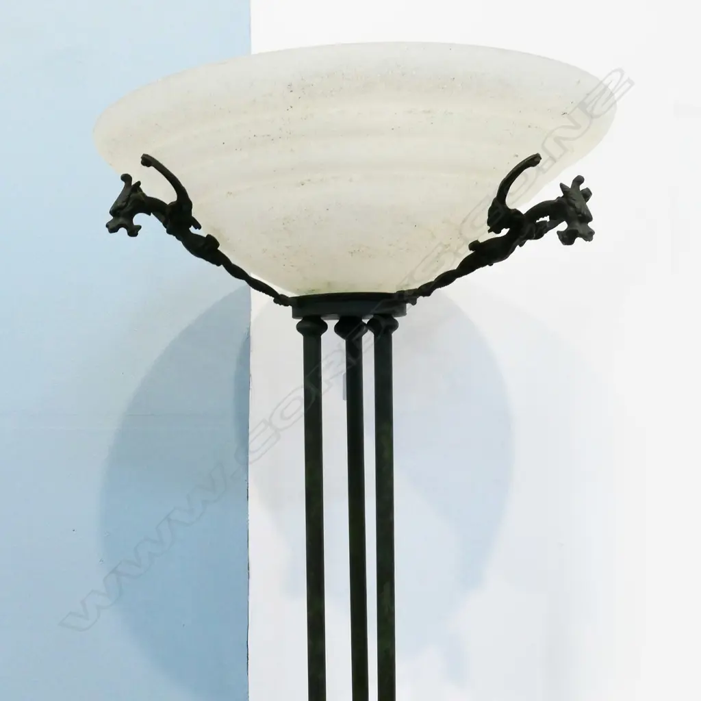 WROUGHT IRON MYTHICAL BEAST STANDARD LAMP, WITH GLASS SHADE, H.1760mm Image 1++