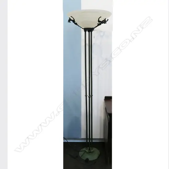 WROUGHT IRON MYTHICAL BEAST STANDARD LAMP, WITH GLASS SHADE, H.1760mm